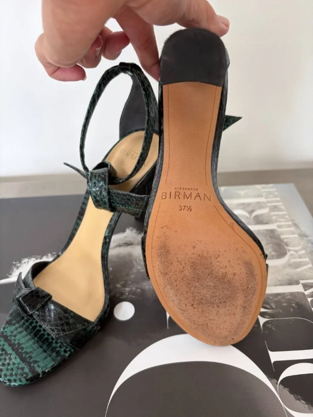 Alexandre Birman Clarita Snakeskin Block Heel Sandals 37.5 Green Black